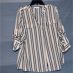 Calvin Klein Cream Black Stripe Long Sleeve Button Blouse Size M Workwear Top